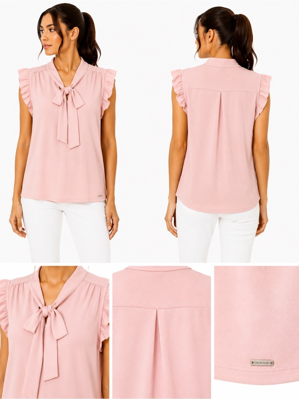 Calvin Klein Women’s Blush Pink Tie Neck Ruffle Sleeve Blouse Size L